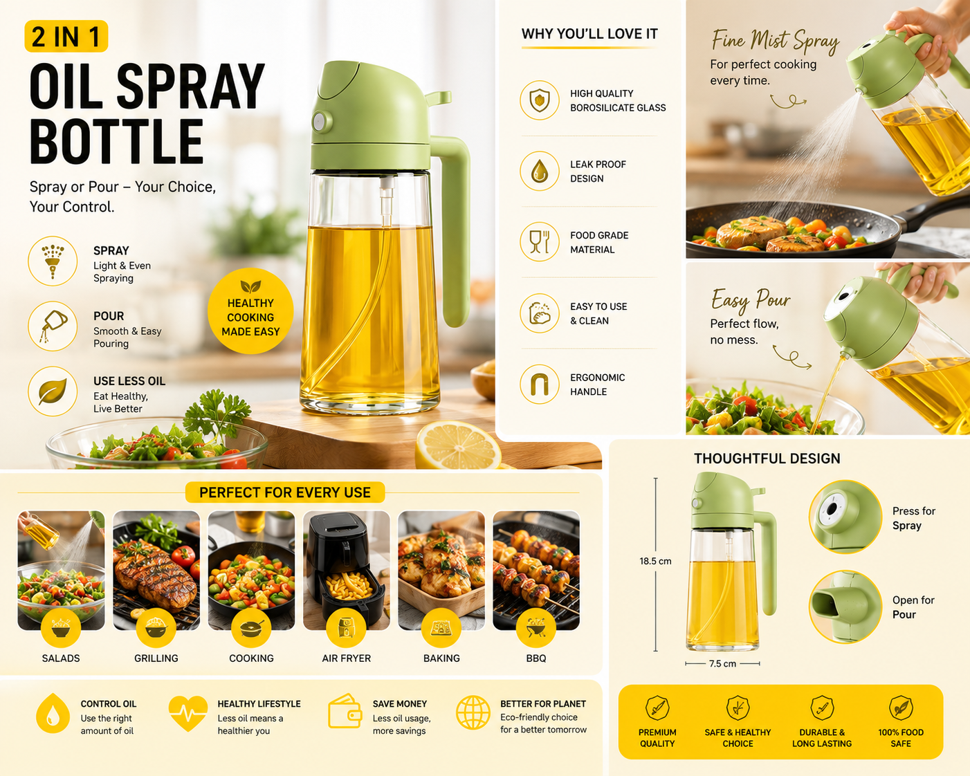 Oil Spray Bottle – Refillable Mist Sprayer for Healthy Cooking