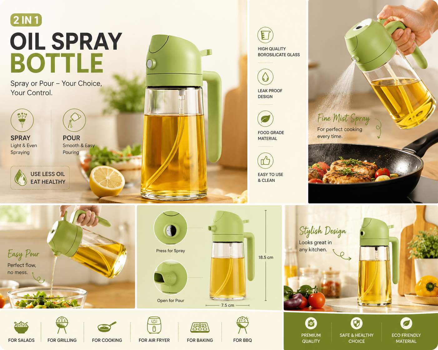 Oil Spray Bottle – Refillable Mist Sprayer for Healthy Cooking